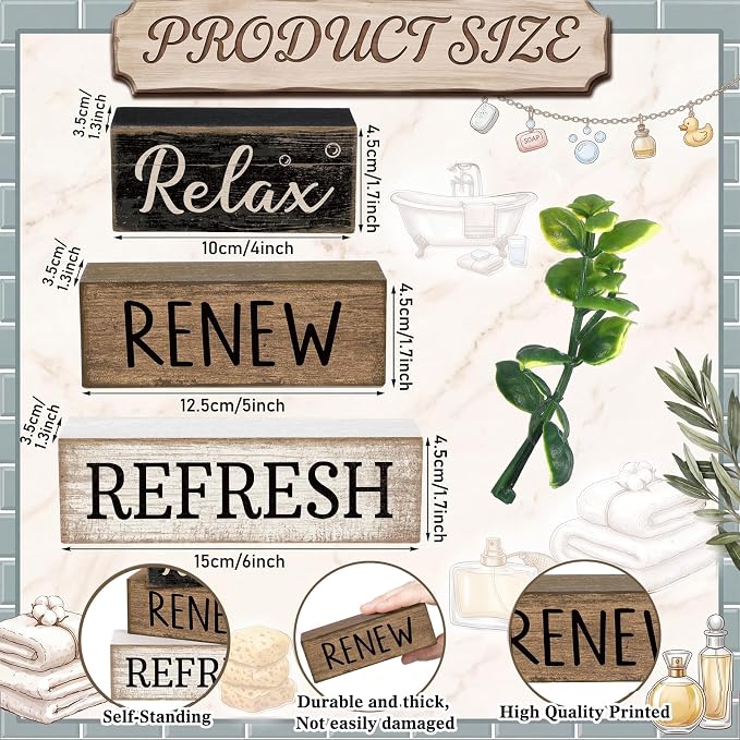 Moucuny 4 Pcs Bathroom Shelf Decor Sign Farmhouse Bathroom Decor and Accessories Rustic Eucalyptus Leaves Block Sign Gift Relax Renew Refresh Farmhouse Table Centerpiece for Home Office Toilet - Image 2