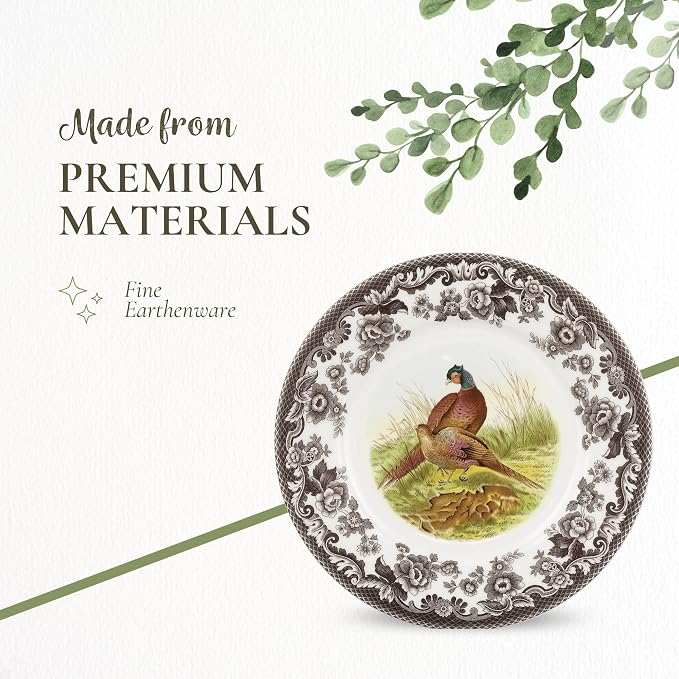 Spode Woodland Pheasant Luncheon Plate - 9" Fine Earthenware Plate with British Flowers Border, Rustic Game Bird Design - Dishwasher, Microwave, Oven & Freezer Safe - Made in England (Pack of 2) - Image 4