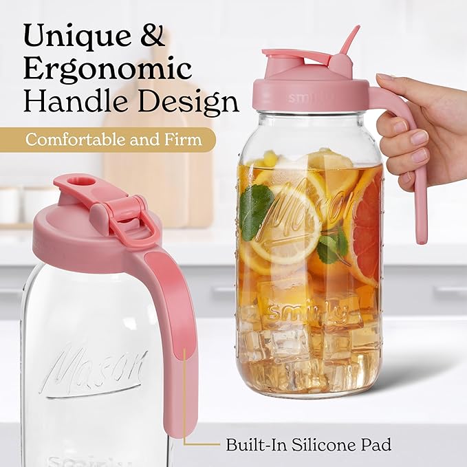 SMIRLY 64 oz Mason Jar Pitcher,Glass Pitcher with Wide Mouth,Water Jug with Double Leak Proof Lid for Iced Coffee,Hot Water,Breast Milk