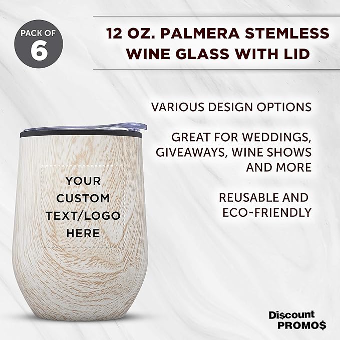 Custom Palmera Stemless Wine Tumblers with Lids 12 oz. Set of 6, Personalized Bulk Pack - Perfect for Wine, Cocktails, Other Hot & Cold Beverages - Ashwood