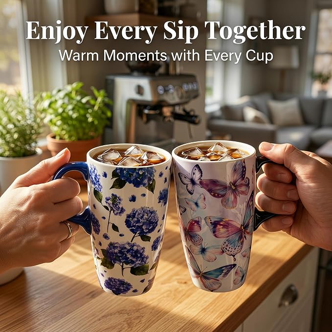Topadorn Set of 2 Ceramic Travel Mugs with Lids, Coffee Mug | Butterfly & Hydrangea Mug Gift Set, 17oz Floral Coffee Cups, Microwave & Dishwasher Safe, Gift Box Included - Image 2
