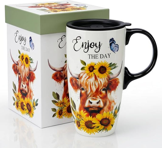 Topadorn 17oz Ceramic Travel Mug with Lid, Highland Cow Coffee Mug | Farmhouse Ceramic Coffee Cup with Handle, Gift Box Included, Dishwasher & Microwave Safe by Topadorn