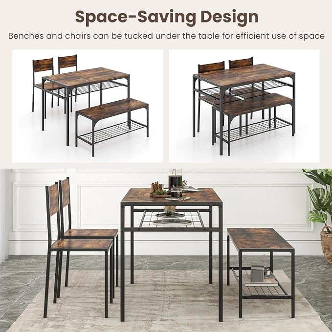 Giantex Dining Table Set for 4, Kitchen Table with Chairs & Bench, Storage Racks, Metal Frame, 4-Piece Space-Saving Dinette Set for Dining Room, Breakfast Nook, Small Space, Apartment,Rustic Brown - Image 8