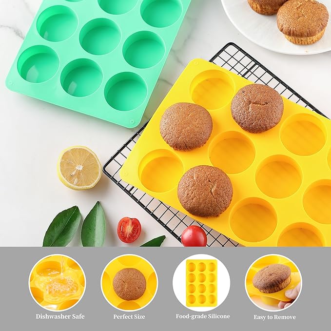 2PCS Molds Silicone, HIA Round 12-Cavity Chocolate Cookie Candy Silicone Mold, Baking Molds for Oreo, Chocolate, Cookie, Candy, Mini Cake, Jelly (Yellow+ Green)