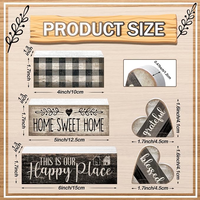 Moucuny 4 Pcs Farmhouse Decor Black and White Farmhouse Tiered Tray Decorations Home Sweet Home Table Centerpiece Wooden Blessed Heart Rustic Checked Kitchen Decor and Accessories Block Sign for Shelf - Image 3