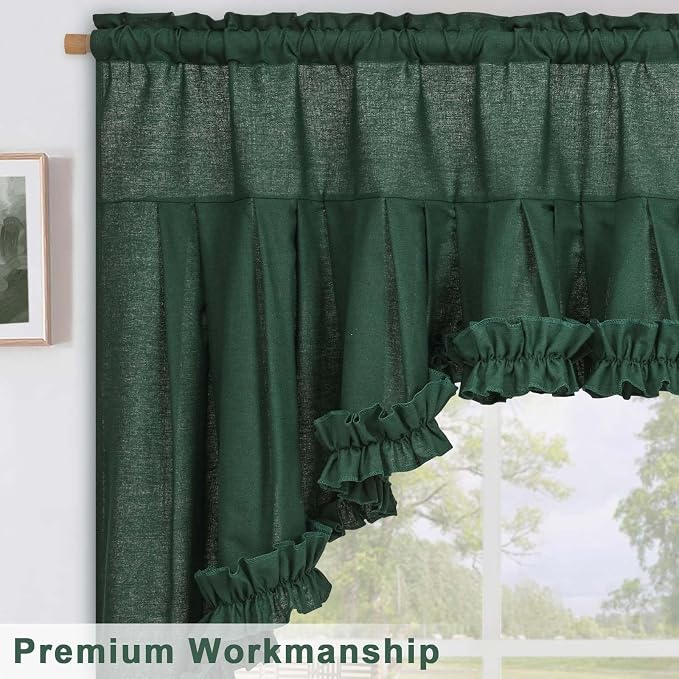Likiyol Linen Valances for Windows Farmhouse Ruffle Swag Valance Rustic Country Window Valances Light Filtering Kitchen Curtains Rod Pocket Valance Curtains for Bathroom Cafe, Dark Green, 60"W x 36"L - Image 6