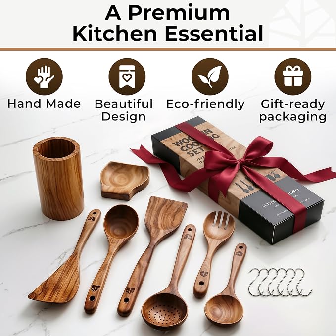 Wooden Utensil Set, 8 Pcs Teak Wooden Spoons for Cooking with Holder | Includes Spatula, Turner, Ladle, Skimmer, Spoon Rest & 6 Hooks – Sturdy, Non-Scratch, Easy to Clean - Image 7