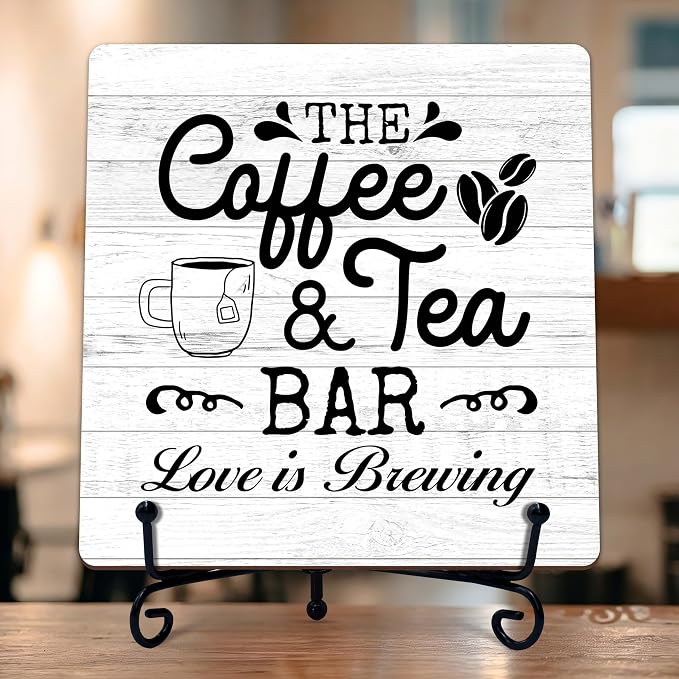 Coffee Bar Sign, Love is Brewing Farmhouse Tabletop Decor, Coffee and Tea Lover Gifts, 5x5 Wood Plaque with Iron Stand for Home Kitchen Cafe, Coffee Bar Decor – L09 by TIRYWT