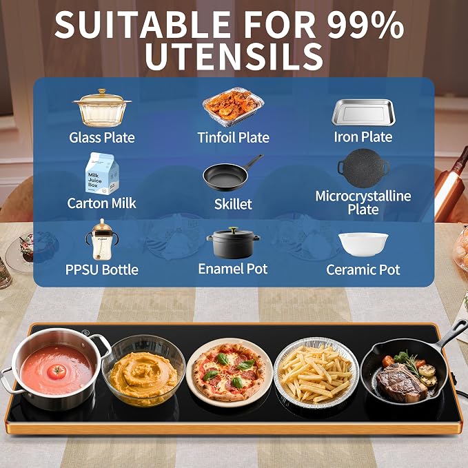 Warming Trays for Buffets Party, 40"x12", Tempered Glass Food Warmer, Black | Keep Food Warm,Electric Warming Mat For food for Daily Use, Button Temperature Control,Full Surface Warm,Build-in Thermostat - Image 4