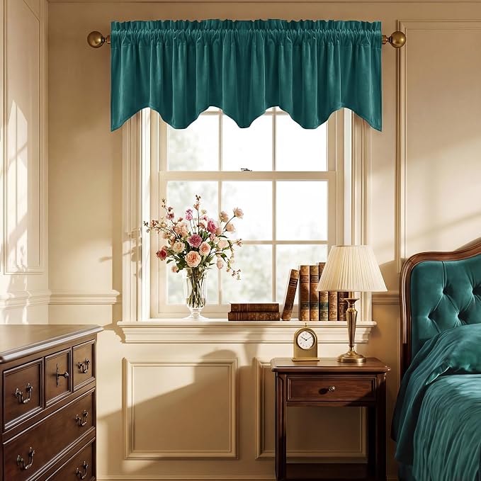 Teal Valance for Windows Scalloped 52x18 Inch 1 Panel | Soft Velvet Wavy Small Kitchen Curtains, Elegant Privacy Shielding Window Treatment for Bathroom, Laundry, RV by StangH