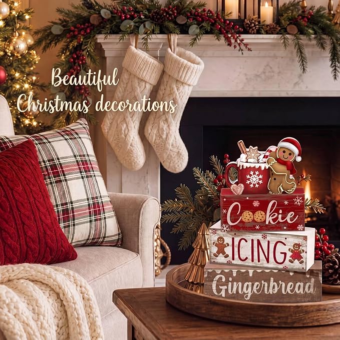 Moucuny 4 Pcs Christmas Table Decor Wooden Gingerbread Cocoa Decoration Christmas Centerpiece Winter Tiered Tray Decor Gingerbread Man Cocoa Block Signs Gift Farmhouse Xmas Decoration for Home Kitchen - Image 3