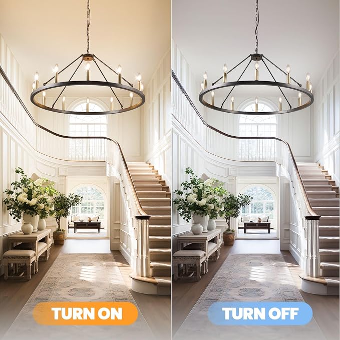 WJShome 37.5" Wagon Wheel Chandelier: The Ultimate Farmhouse Foyer Lighting Fixture - Gorgeous 12-Light Black and Gold Chandeliers to Enrich Your Dining Room! - Image 5