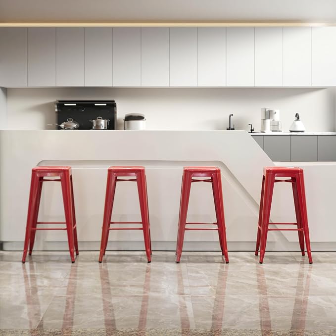 4-pcs 30-inch Backless Metal Bar Stool Stackable Heavy-Duty Counter-Height Chair for Home Bars Patios Kitchen Islands Cafes Restaurants Bistros and Dining Areas for Indoor & Outdoor, Red - Image 2