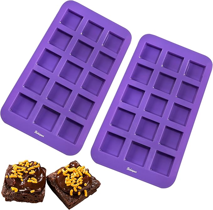 Bakerpan Silicone Brownie Mold for Baking, Individual Bite Size 1.5 Inch Brownie Squares, Silicone Brownie Pan with dividers, 15 Cavities - Set of 2