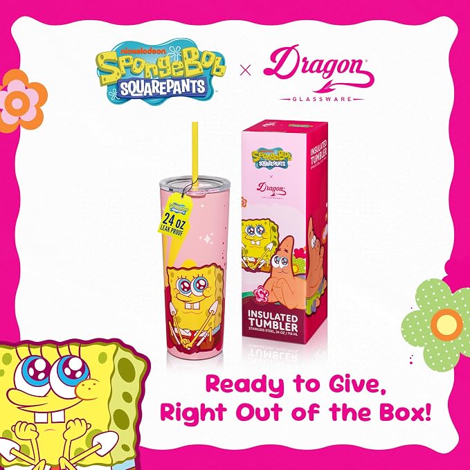 Dragon Glassware x SpongeBob SquarePants Tumbler with Straw, 24 oz - Pink | Vacuum Insulated Stainless Steel Tumbler with Straw & Lid; Double Walled Tumbler with Straw; SpongeBob SquarePants Cup - Image 7