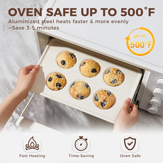 Nonstick Ceramic Muffin Pan, 6 Cup Muffin tin for Baking, Non-toxic Cupcake Pan, Heavy-duty Aluminized Steel Cupcake Tray with Diamond Texture, Easy To Clean, Cream - Image 6