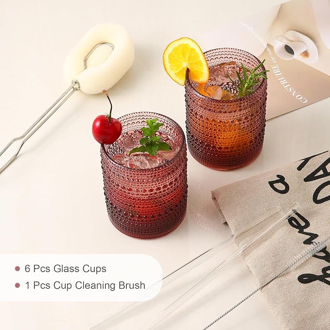ZMOWIPDL Drinking Glasses Set of 6,12oz Purple Hobnail Glass Cups | Vintage Glassware，Embossed Water Tumbler,for Beer,Cocktail,Whiskey,Juice and Various Mixed Drinks- 1 Cleaning Brush - Image 5