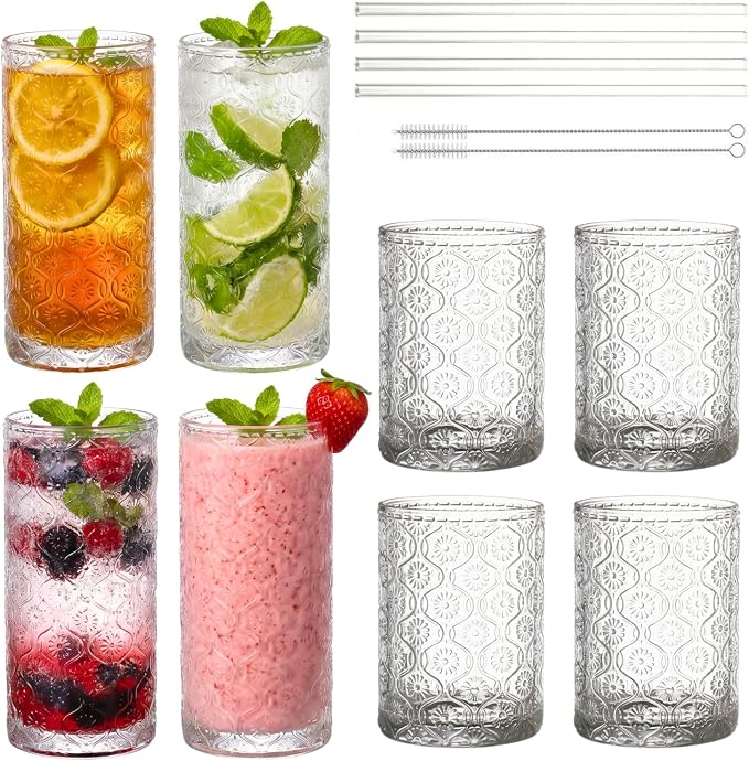 Clear Drinking Glasses Set of 8, 12 Oz Highball & 10 Oz Cocktail Glasses with Straws, Thick Glass Iced Coffee Cups, Floral Embossed Kitchen Vintage Glassware Set for Water, Beer, Juice, Whiskey by FERAHI