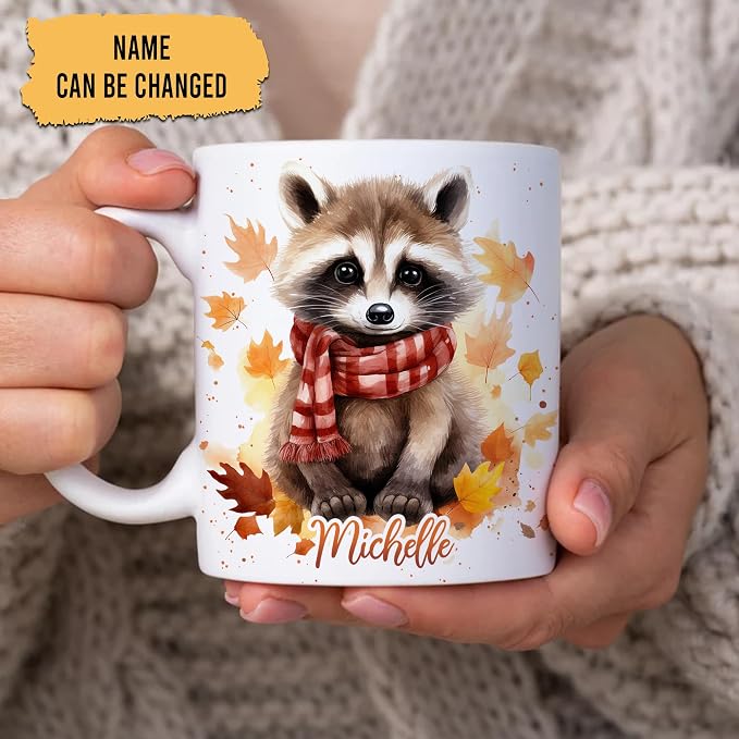 Hyturtle Personalized Fall Raccoon Maple Leaves Mug, Fall Autumn Décor | Birthday Gifts For Raccoon Lovers - Unique Autumn Gift Ideas For Thanksgiving - Custom Name 11oz White Ceramic Coffee Tea Mu - Image 2