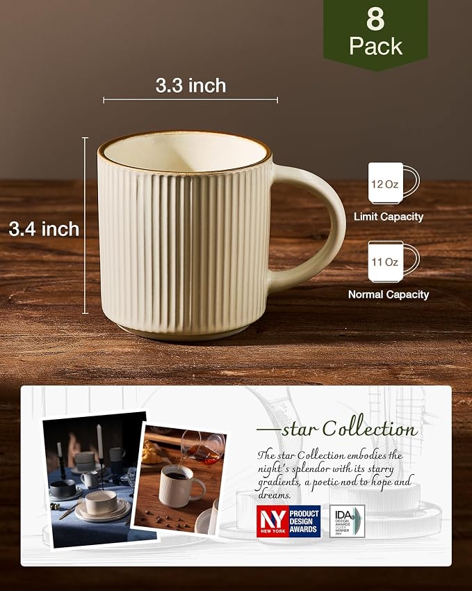 famiware Star Coffee Mug Set for 8, Handcrafted 12 oz Ceramic Stoneware Mugs Cup Set, Chip-Resistant & Stackable, Dishwasher/Microwave Safe, Vanilla White - Image 4