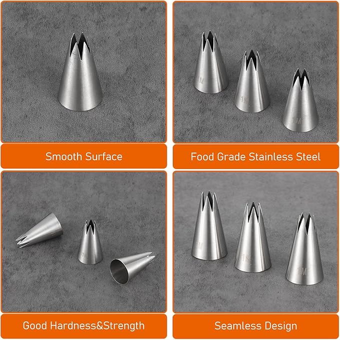 3Pcs 1M Piping Tips, Pastry Bags and Tips Cake Decorating Kit Cupcake Piping Kit Stainless Steel Icing Nozzles with 10Pcs Disposable Pipings Bags Cupcakes, Cookies, Pastry Cupcake Icing Kits