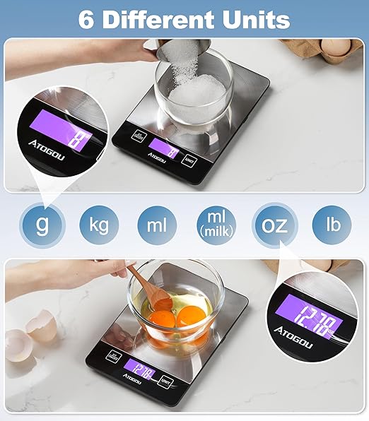 Atogou 1g/ 33lb Food Scale, Rechargeable Kitchen Scale with Full-View Backlit LCD Display, Stainless Steel Surface, USB Charging or AAA Batteries (not Included), for Baking, Cooking, Food Grey