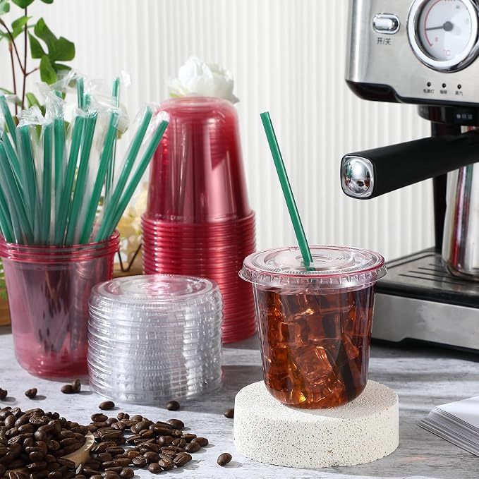 Baderke 25 Set Plastic Cups with Lids and Straws, Disposable Plastic Iced Coffee Cup for Cold Beverage Juice Smoothie Crystal for Coffee Shops Party Catering(Pink,12 oz) - Image 2