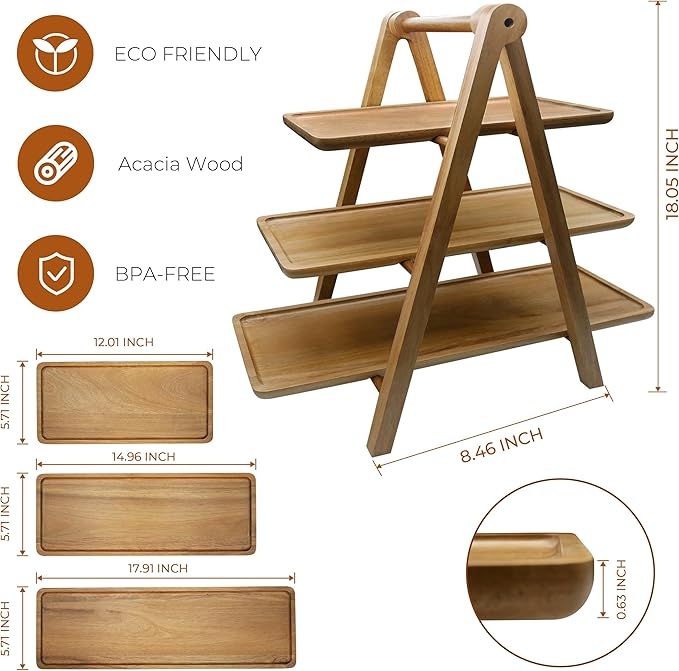 Acacia Wood 3 Tier Tray Wooden Serving Tray - Three Tiered Serving Stand with Collapsible Wood Rack, for Charcuterie Boards/Desserts, Foldable for Easy Storage, Party Wedding Kitchen Decor