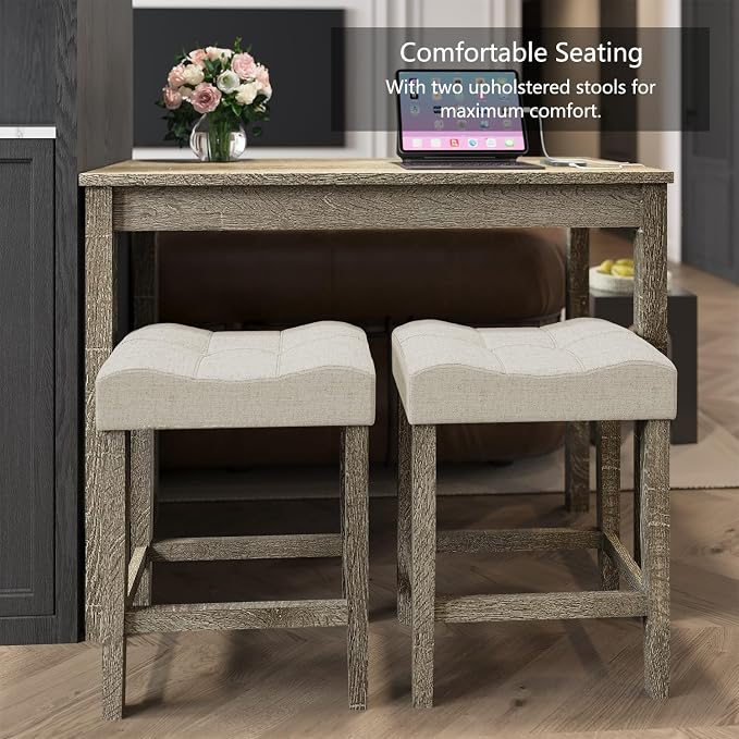 allamazing 3-Piece Counter Height Bar Table Set with Socket and 2 Fabric Padded Bar Stools, Tall Kitchen Breakfast Dining Table Set with Stools (1+2 Natural) - Image 6