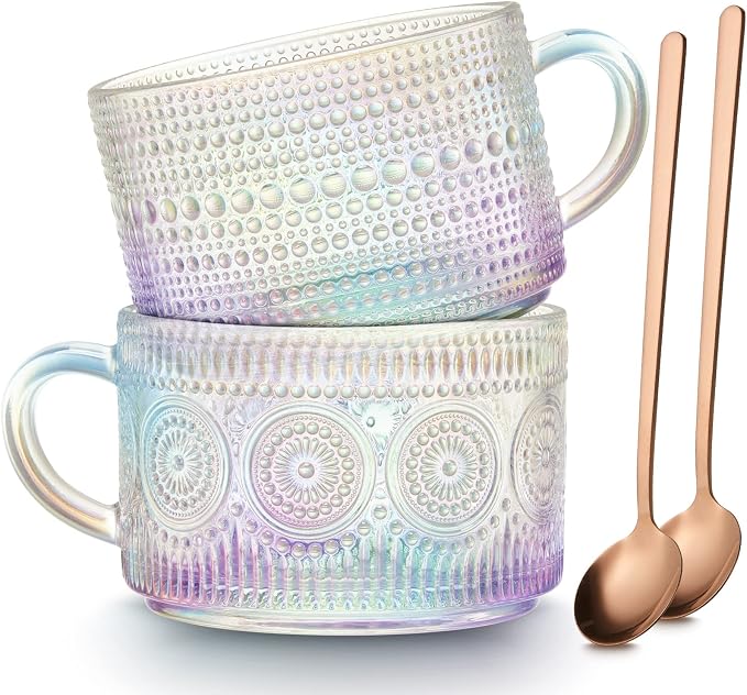 MFACOY Vintage Coffee Mugs Set of 2, 14 oz Iridescent Embossed Glass Tea Cups with Handle for Cappuccino, Latte, Hot or Cold Beverages by Mfacoyisalifestylebrand