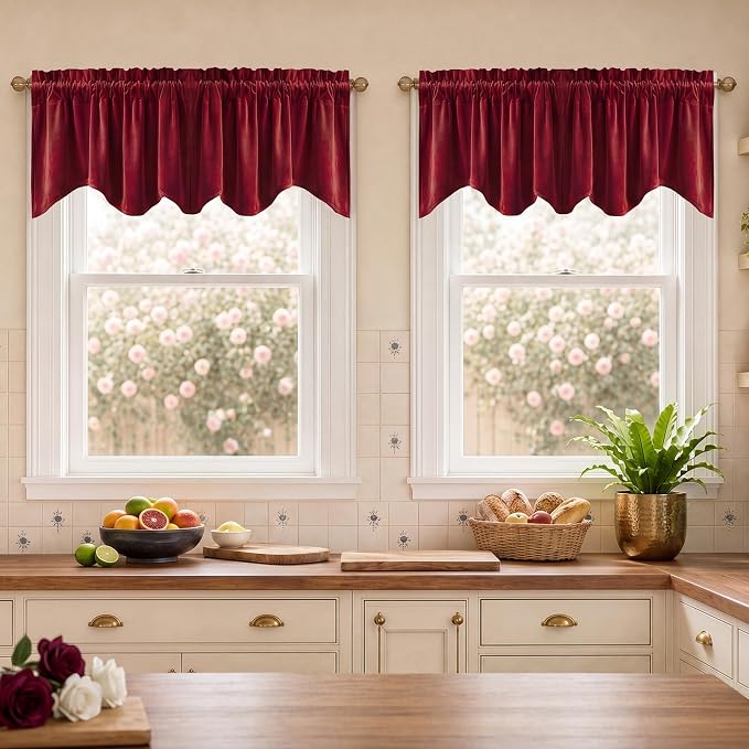 Red Christmas Velvet Window Valance 52x18 Inch 4-Panel Set | Soft Wavy Kitchen Curtains for Windows, Luxury Fabric Aesthetic Window Treatment for Bay Window, Living Room by StangH