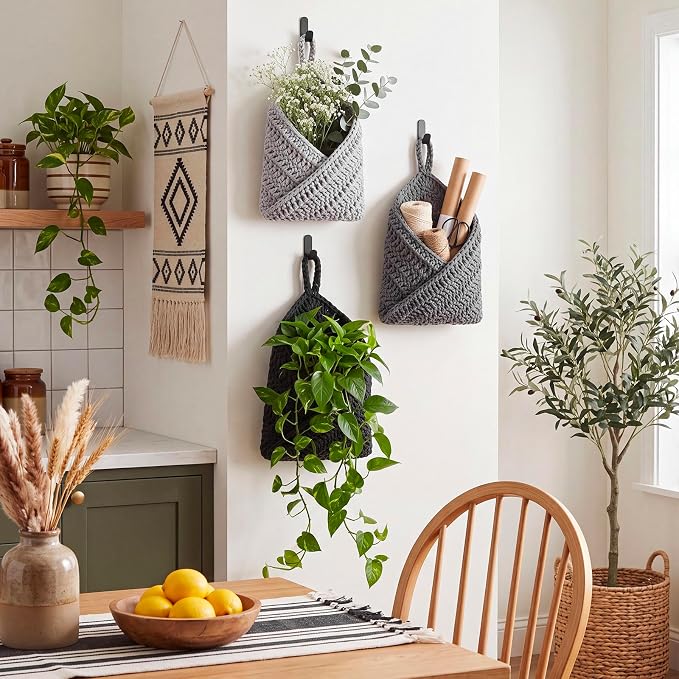 Honeydak Boho Decor Hanging Wall Baskets for Kitchen 3 Pack Teardrop Baskets with Hooks Storage Fruit Onion Vegetable Potato for Home(Light Grey, White, Dark Grey,Triangle,Cotton Rope) - Image 4