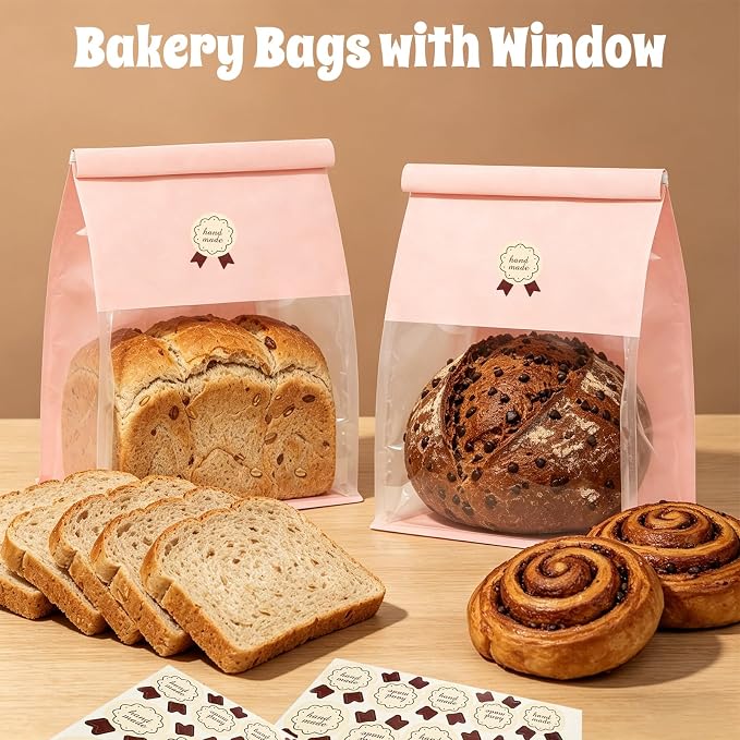 Funcoo 50 Paper Bread Bags with Tabs for Homemade Sourdough Bread, 8.7x4.3x11 Inches Pink Bakery Bread Bags with Window/Tin Tie Tab Lock, Large Bakery Loaf Bag for Baked Goods Packaging - Image 6