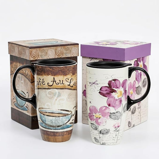Topadorn Set of 2 Ceramic Travel Mugs with Lids, 17oz Coffee Mug Set | Vintage Café & Floral Artwork • 17oz Capacity • Comfortable Handles • Microwave & Dishwasher Safe • Gift Box Included by Topadorn