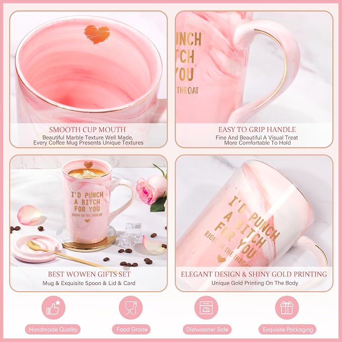 Best Friend Birthday Gifts for Women, I'd Punch A Bitch For You Funny Friendship Coffee Mug, Galentine Christmas Birthday Gifts for BFF Sister Girlfriend,14oz Pink Marble Gold Print Mug & Gift Box - Image 6