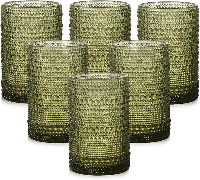 ZMOWIPDL Drinking Glasses Set of 6,15 oz Green Hobnail Glass Cups | Vintage Glassware，Embossed Water Tumbler,for Beer,Cocktail,Whiskey,Juice and Various Mixed Drinks- 1 Cleaning Brush by ZMOWIPDL