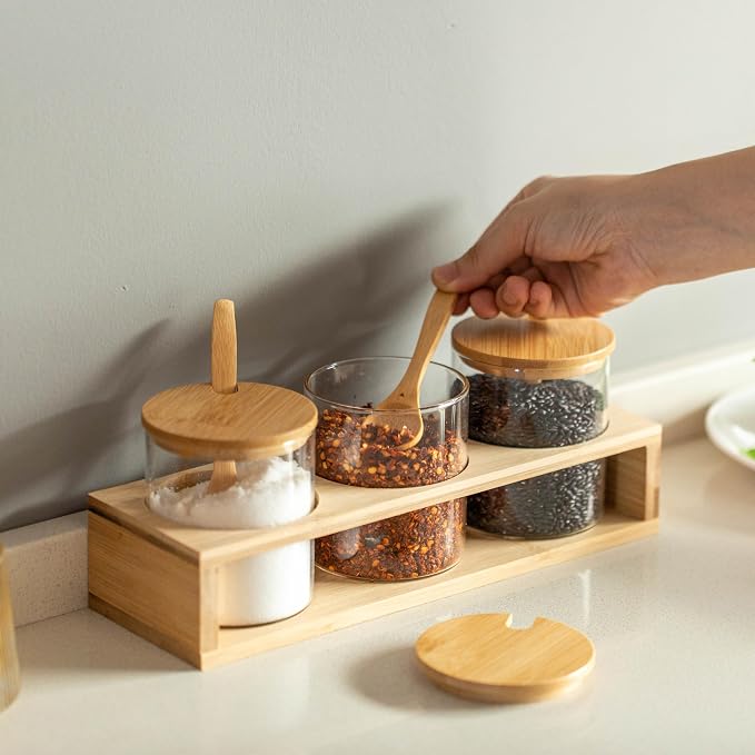 Basicwise 3-Piece Glass Containers with Bamboo Lids and Tray Holder – Decorative Storage for Condiment Pots and Spice Jars - Coffee Station Accessories, Perfect Organizer for Home Kitchen or Café - Image 3