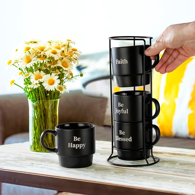 Signature Housewares Be Happy Stackable Stoneware Coffee Mug Set with Metal Rack - 15 Ounce Coffee Mugs for Coffee, Tea, Hot Chocolate, Milk, Set of 4, Matte Black (Pack of 4) - Image 4