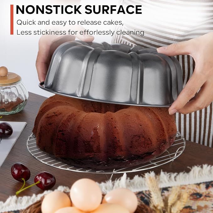 TeamFar 10 Inch Nonstick Cake Pan, 10 Cups Fluted Tube Cake Pan for Baking | Heavy Duty Carbon Steel Round Baking Tray for Making Jello/Monkey Bread/Chocoflan, Non Toxic, Easy Clean - Gray - Image 3