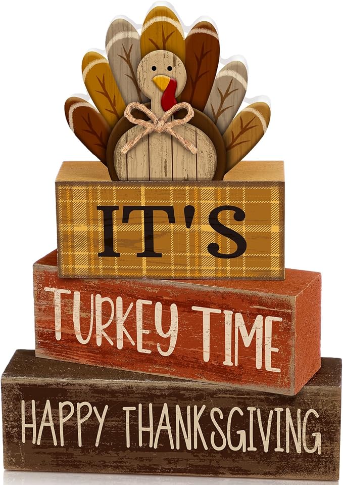 Moucuny 4 Pcs Fall Decorations for Home Wooden Turkey Decor Thanksgiving Tiered Tray Decor Thanksgiving Table Centerpiece Rustic Wooden Turkey Time Block Sign for Autumn Harvest Party Kitchen Shelf by Moucuny