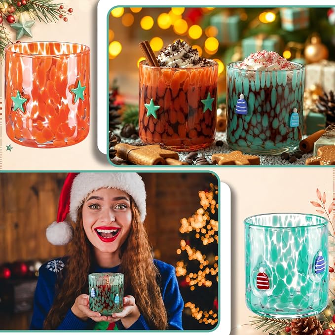 LemonRoad 2 Pcs Christmas Glass Cups 16 oz Green Star Mini Hat Icon Juice Glasses Double Old Fashioned Wine Coffee Cocktail Cups Drinking Glassware for Holiday Xmas Party Supplies Gift - Image 6