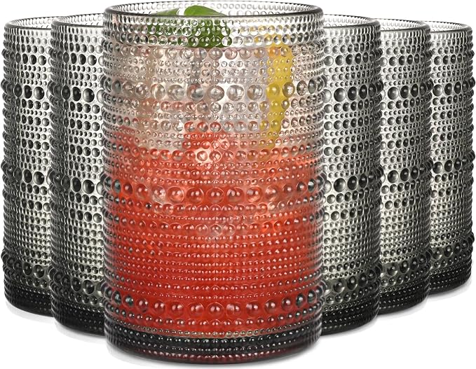 Gray Hobnail Drinking Glasses Set of 6,15 oz Vintage Highball Glasses,Drinkware Kitchen Glasses for Cocktail,Iced Coffee,Beer,Ice Tea,Wine,Whiskey,Water by JPPSUJJ