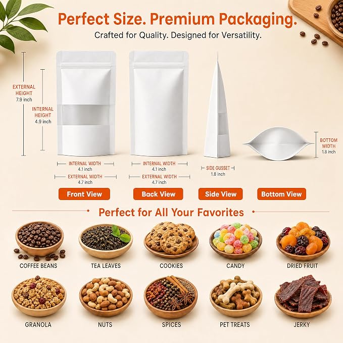 100 Pcs White Kraft Paper Bags with Window, 4.7" x 7.9" Stand Up Pouches Bags, Food Storage Bags for Packaging Products, Reusable, Sealable - Image 3