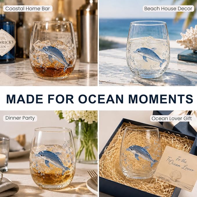 Coastal Stemless Wine Glasses Set of 4, 12oz 3D Ocean Animal Artisan Glassware Collection with Unique Sea Life Designs (C - Set of 1) - Image 4