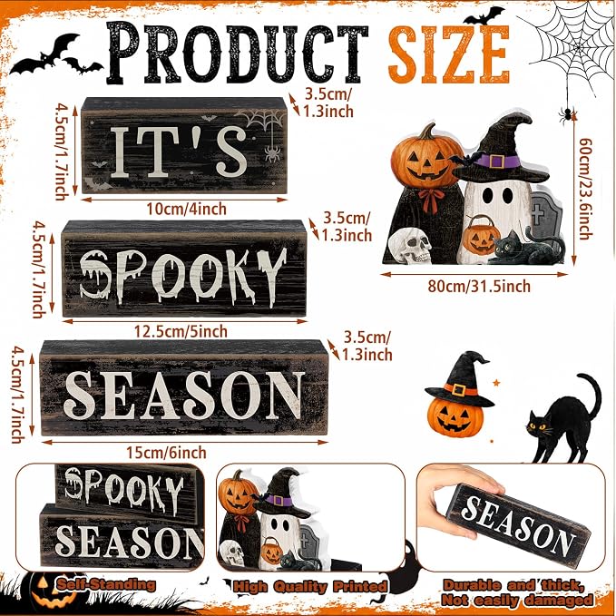 Moucuny 4 Pcs Halloween Table Decoration Pumpkin Ghost Wooden Stacked Block Decor, "It's Spooky Season" Centerpiece Signs, Rustic Gothic Halloween Tiered Tray Decoration for Home Office Kitchen Shelf - Image 3