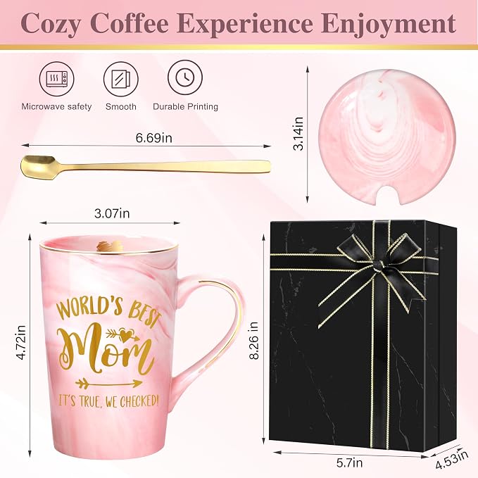 Mothers Day Birthday Gifts for Mom from Daughter Son Kids - 14Oz Funny Best Mom Mug with Gold Print, Unique Pink Marble Coffee Cup with Lid Spoon Greeting Card, Unique Moms Cup Gifts-Boxed Set - Image 4