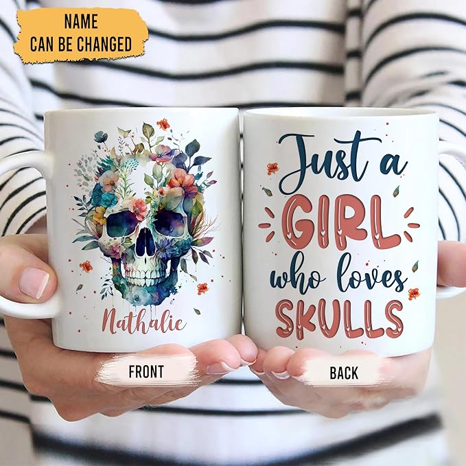 Hyturtle Personalized Gifts Skull Lover - Just A Girl Who Loves Skulls Custom Name Ceramic Coffee Mug Cup 11oz - Idea Skull Lovers Gifts For Women, Girl Daughter On Birthday, Christmas - Image 2