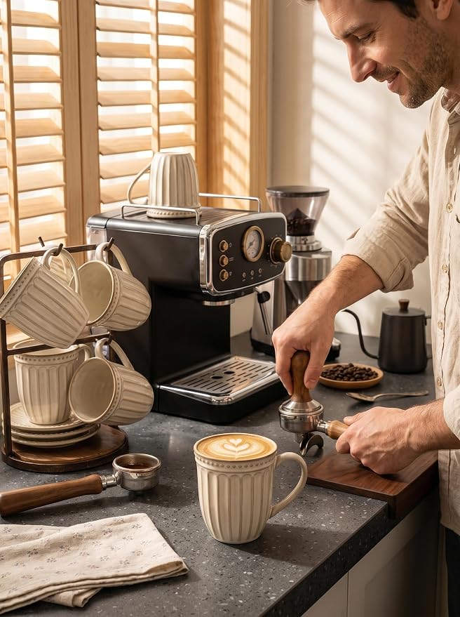 HASENSE Textured Coffee Mugs Set of 4, 16 Oz Ribbed Ceramic Cups with Large Handle for Latte Tea Cappuccino, Stackable Embossed Mugs for Everyday Use, Microwave & Dishwasher Safe, Creamy Beige - Image 3