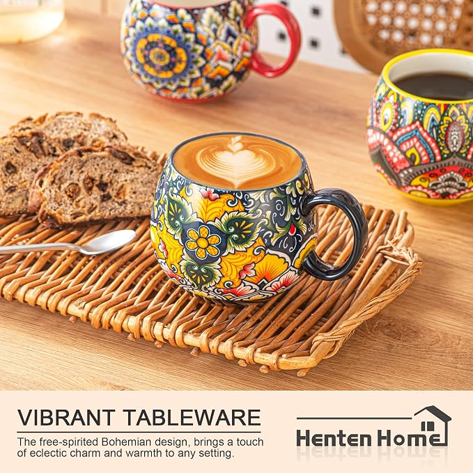 Henten Home Ceramic Coffee Mug Set of 6, 20 oz Colorful Coffee Cup with Handle, Boho Porcelian Mug for Cappuccino, Latte, Tea, Hot Chocolate, Cocoa, Microwave & Dishwasher Safe - Image 5