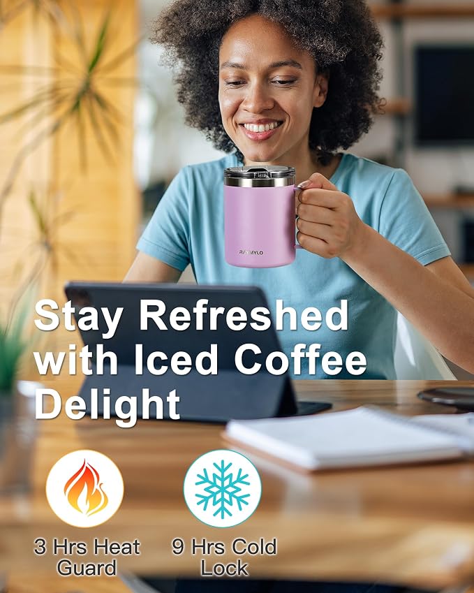 RAYMYLO Insulated Coffee Mug 12 oz, Spill-Proof & Detachable Slider Lid | Double Wall Stainless Steel with Thorough Clean Lid & Handle, Cold for 9 Hrs, Suitable for Camp Home Office - Image 4